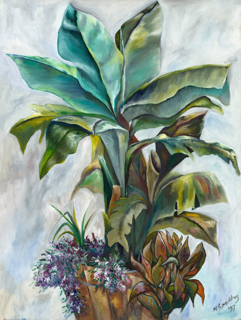 Wall art, Home Decor, Contemporary Painting, Still Life Giclee Canvas, Green painting, Green Yellow Banana Tree plants Title: Potted Bananas Bild 2