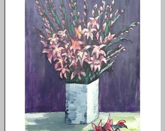 Gladioli, Impressionist, Giclee, fine Art Print, Floral, Still Life, Pink, purple white Paintings by Nicky Spaulding