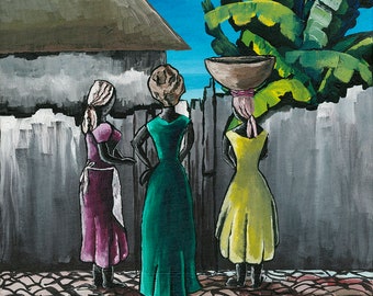 Art, Gallery Art, Giclee Painting, Acrylic on Canvas, Wall Art, Primitive, Ethnic, Ladies, Cottage Scene Title: THE VISIT