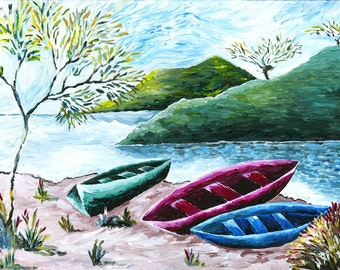 Original Painting, Wall Art Home decor, Green Painting, Mountains & Sea Green Landscape, Seascape, Acrylic on canvas Title: Beached Boats II