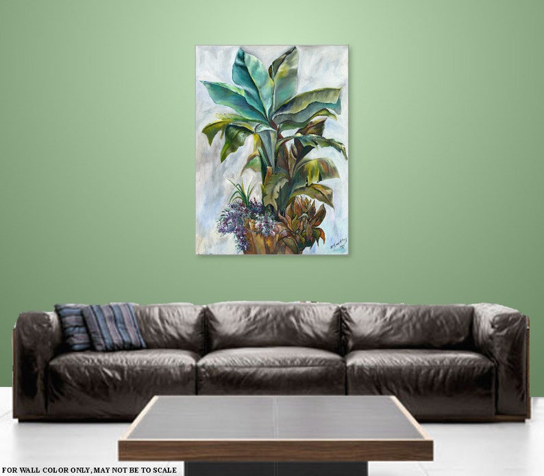 Wall art, Home Decor, Contemporary Painting, Still Life Giclee Canvas, Green painting, Green Yellow Banana Tree plants Title: Potted Bananas image 1