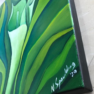 Wall Art, Original Oil Painting on Canvas,Still Life Home Decor Green and white Painting floral, flowers Calla LillY Title: UNFOLDING CALLA image 6