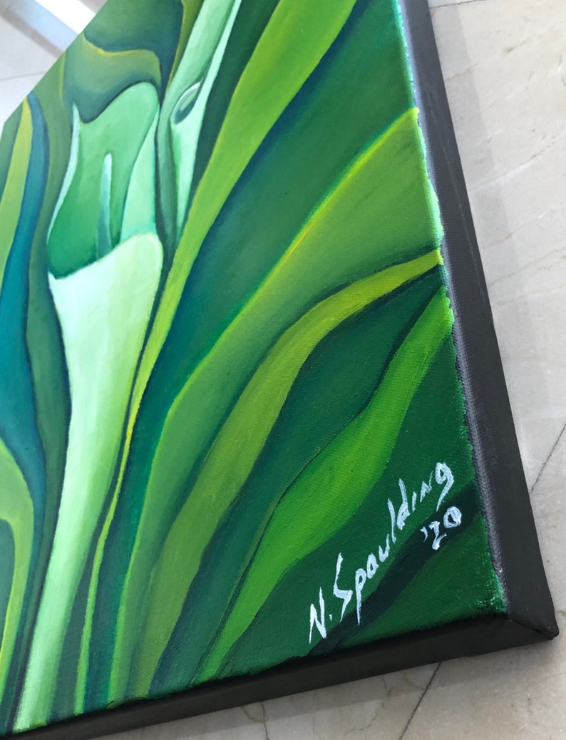 Wall Art, Original Oil Painting on Canvas,Still Life Home Decor Green and white Painting floral, flowers Calla LillY Title: UNFOLDING CALLA image 6