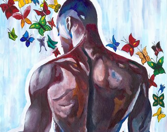 Wall Art, Home decor, Figure, Human form, Butterflies, Original, Giclee on Canvas, Red Green Yellow Decor, acrylic Painting Title: MARIPOSAS