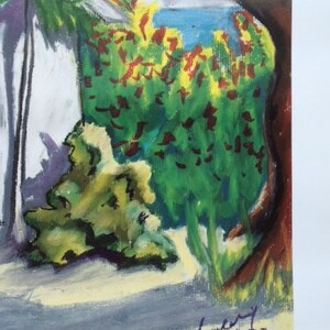 Pode incluir: Uma pintura abstrata colorida de uma paisagem com &aacute;rvores, um c&eacute;u azul e um fundo branco. A pintura &eacute; assinada "N. Spaulding '93" no canto inferior direito.