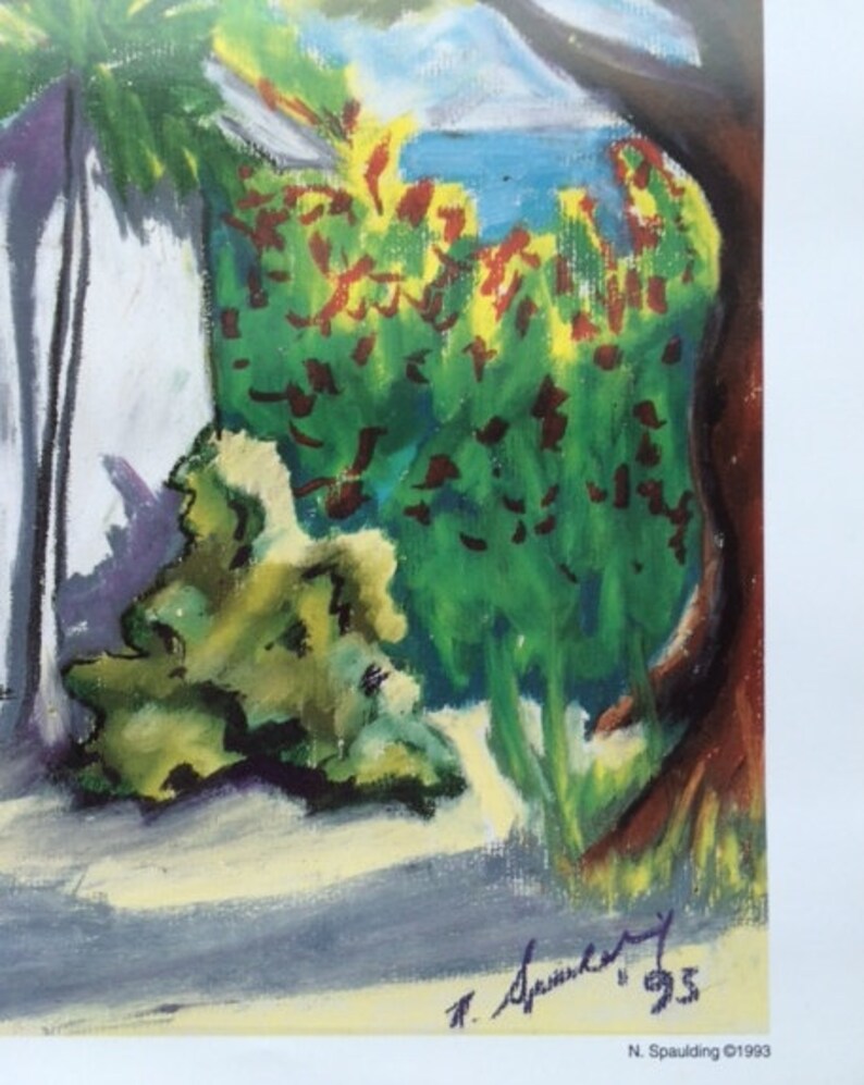 Pode incluir: Uma pintura abstrata colorida de uma paisagem com &aacute;rvores, um c&eacute;u azul e um fundo branco. A pintura &eacute; assinada "N. Spaulding '93" no canto inferior direito.