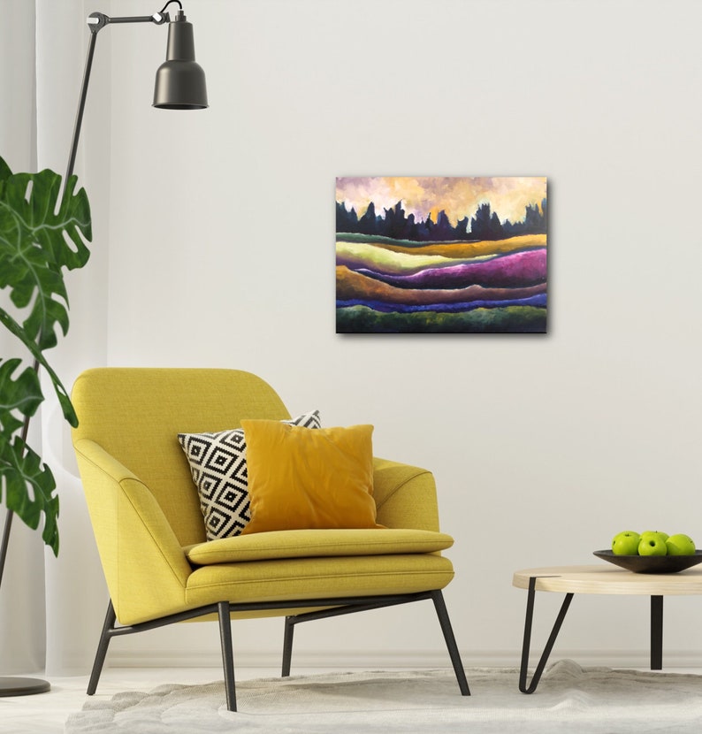 Contemporary Art, Abstract, Landscape,painting, Acrylic on Canvas , Home Decor, WallArt Purple Green, Blue, yellow TITLE: Undulating Fields image 6