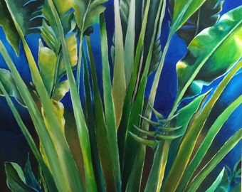 Wall Art, Painting, Contemporary, Home Decor, Blue Painting, Still life, Tropical Foliage Acrylic Giclee on Canvas Title: A TRAVELER'S PALM