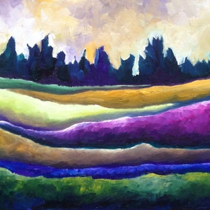 Contemporary Art, Abstract, Landscape,painting, Acrylic on Canvas , Home Decor, WallArt Purple Green, Blue, yellow TITLE: Undulating Fields image 2