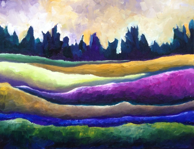 Contemporary Art, Abstract, Landscape,painting, Acrylic on Canvas , Home Decor, WallArt Purple Green, Blue, yellow TITLE: Undulating Fields image 2