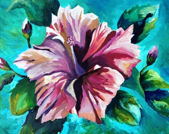 Hibiscus III,  Contemporary, Giclee of Original acrylic painting, Floral, Still Life, White, Red, Magenta,Green Paintings by Nicky Spaulding