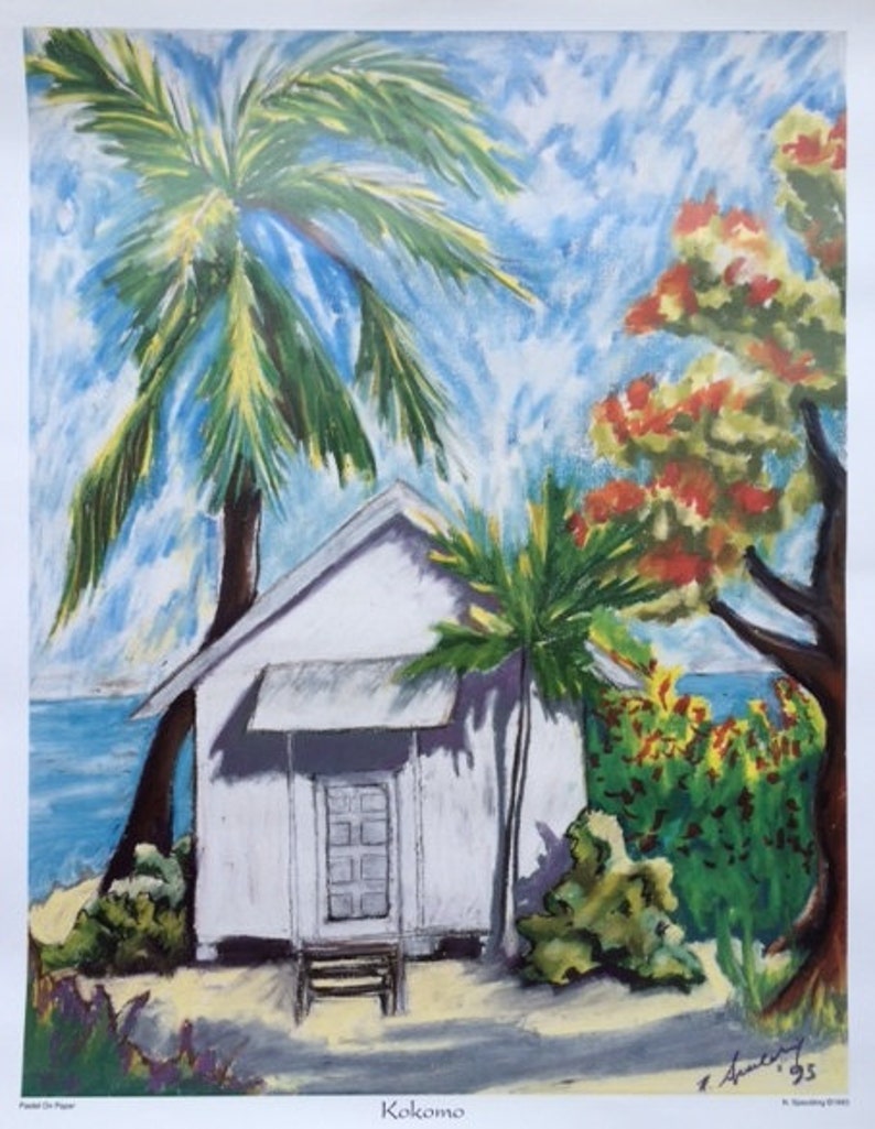 Pode incluir: Uma pintura pastel de uma cabana branca com uma palmeira e flores vermelhas no fundo. A cabana tem uma porta e uma janela. A pintura &eacute; intitulada "Kokomo".