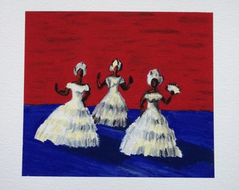 Art Print, Print of Original, Black Matting, Red and Blue Painting, Red, White, Blue Art, Title: Dancing Ladies Series IV