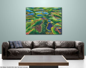 Art Home Decor Contemporary landscape Wall art, Blue Green painting Abstract expressionism, Artwork on Acrylic Glass Title: Field of Lakes