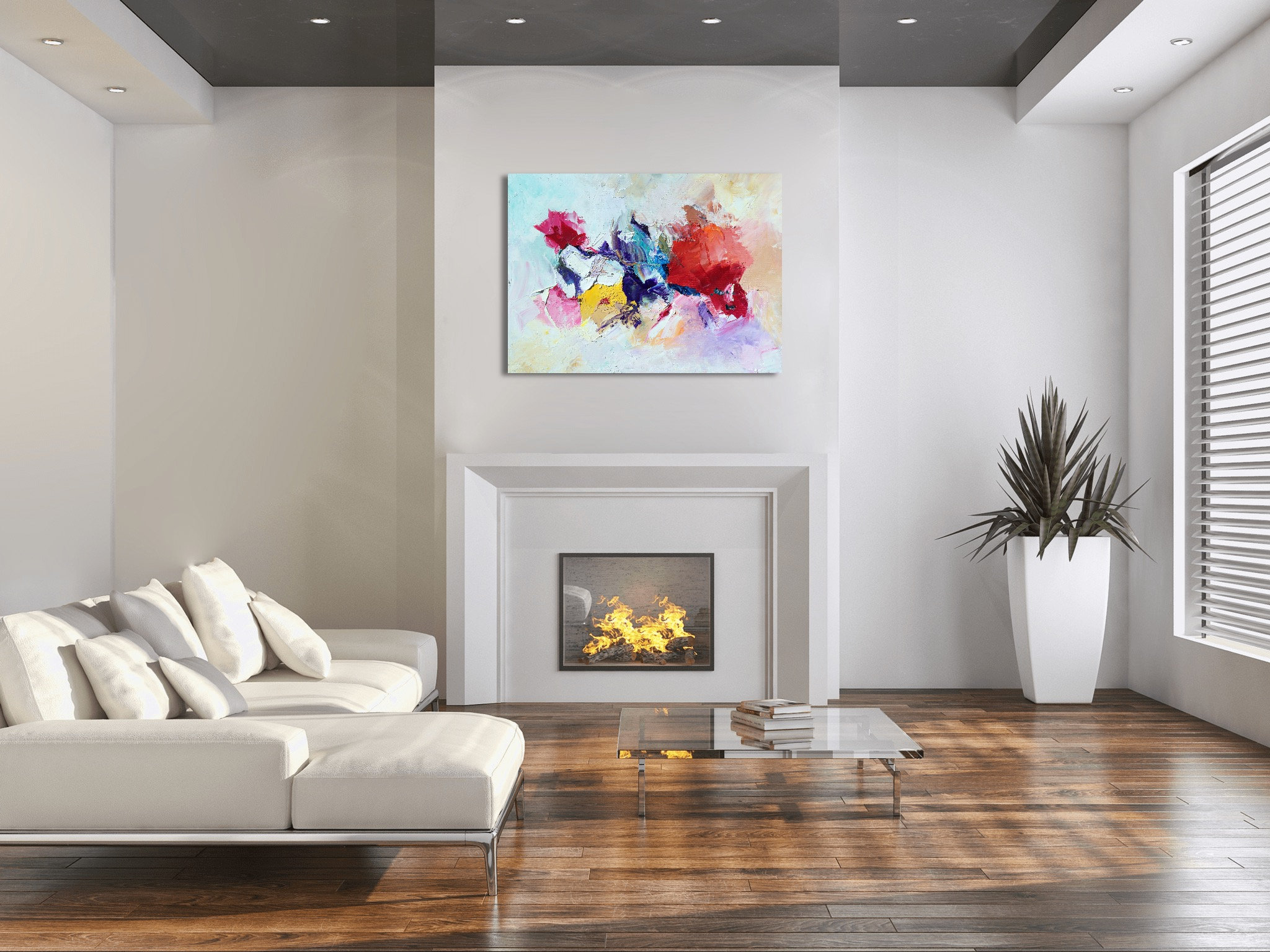 Wall Art, Contemporary Abstract Modern Painting Home Decor, Red, White