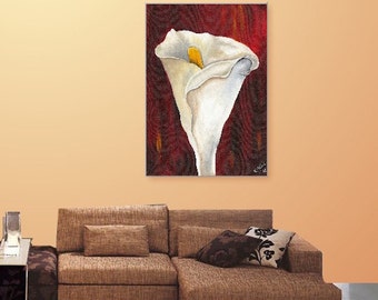 Wall Art, Home Decor, Floral, Flower, Lilly, Tropical, Contemporary, Still Life, White Petal, Red Painting, Canvas, Title: Red Calla