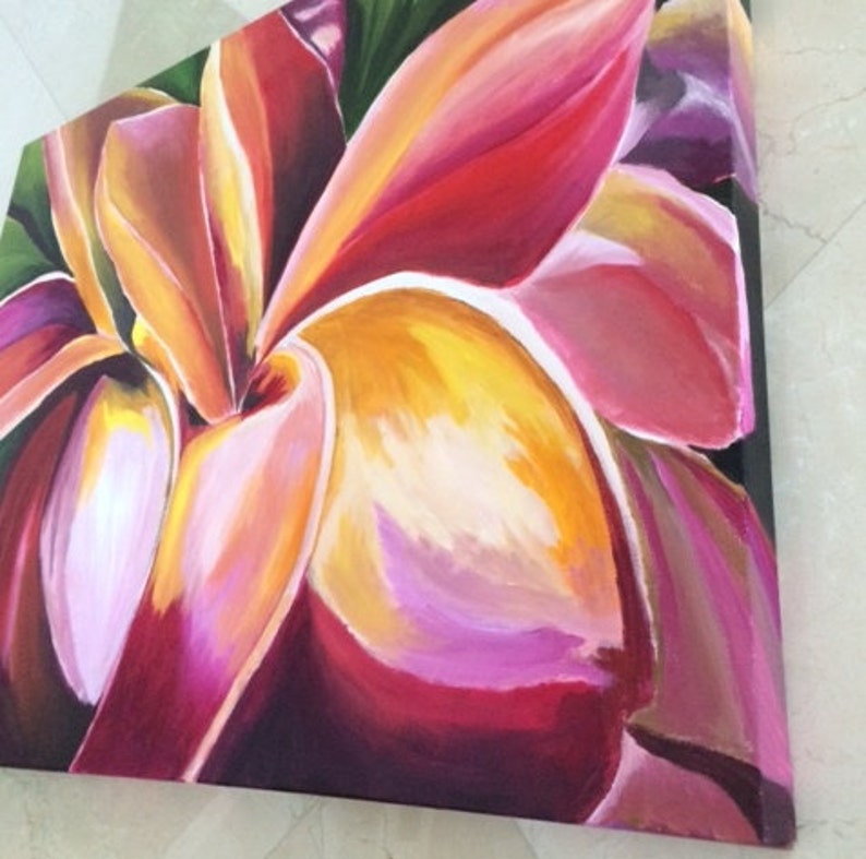 Art, Wall Art, Painting, Home Decor, Acrylic on Canvas, Contemporary, Floral, Plumeria, flower, Red, Petals, Decor Title: FRANGIPANI image 3