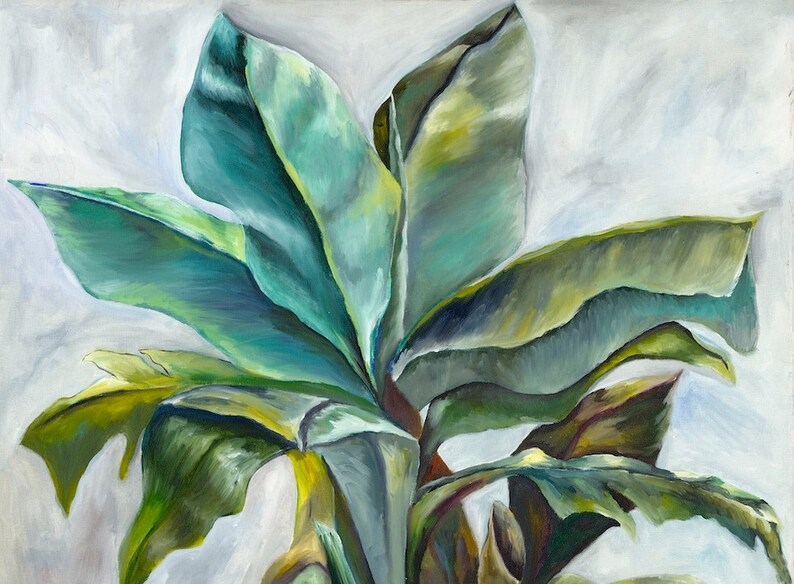 Wall art, Home Decor, Contemporary Painting, Still Life Giclee Canvas, Green painting, Green Yellow Banana Tree plants Title: Potted Bananas image 3