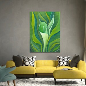 Wall Art, Original Oil Painting on Canvas,Still Life Home Decor Green and white Painting floral, flowers Calla LillY Title: UNFOLDING CALLA image 2