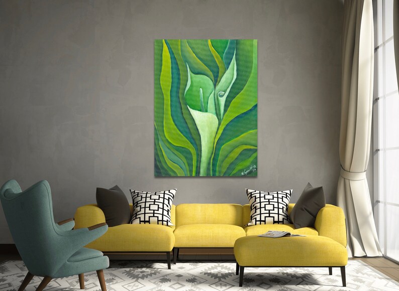 Wall Art, Original Oil Painting on Canvas,Still Life Home Decor Green and white Painting floral, flowers Calla LillY Title: UNFOLDING CALLA image 2