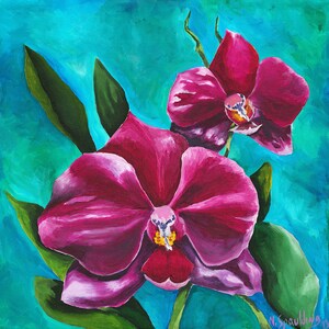 Wall Art, Limited Edition Art Print of original painting, Floral, Orchid Home Decor Red, Teal, Magenta Blue Red, Green, Title: Phalaenopsis image 5