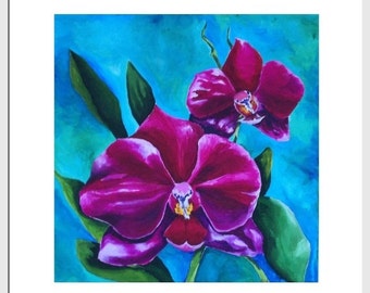 Wall Art, Limited Edition Art Print of original painting, Floral, Orchid Home Decor Red, Teal, Magenta Blue Red, Green, Title: Phalaenopsis