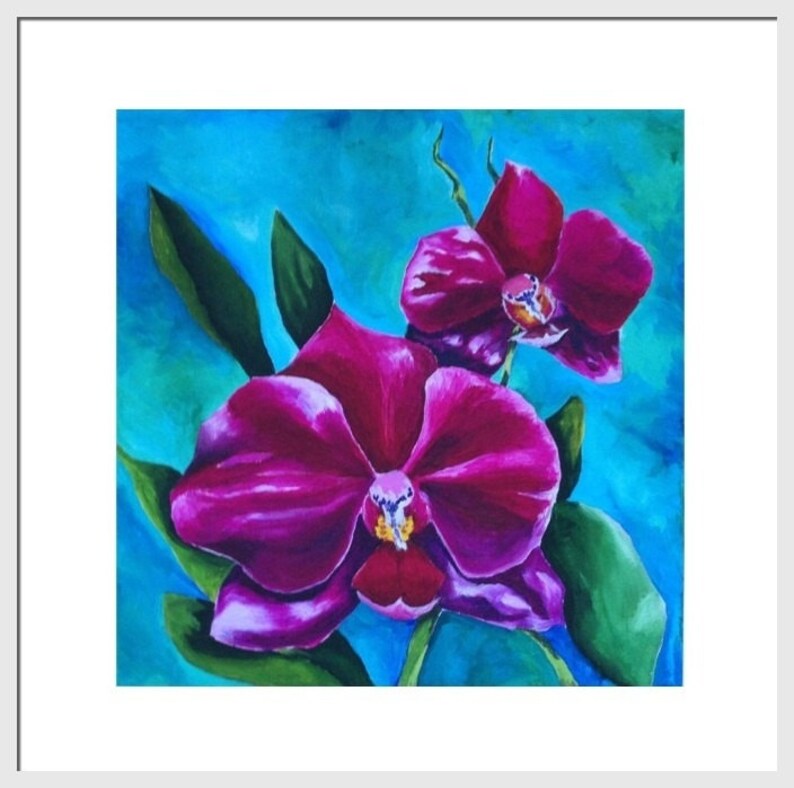 Wall Art, Limited Edition Art Print of original painting, Floral, Orchid Home Decor Red, Teal, Magenta Blue Red, Green, Title: Phalaenopsis image 1