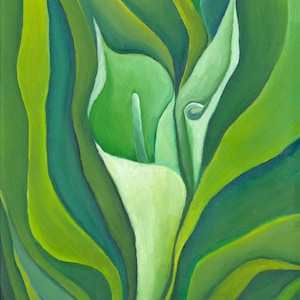 Wall Art, Original Oil Painting on Canvas,Still Life Home Decor Green and white Painting floral, flowers Calla LillY Title: UNFOLDING CALLA image 3