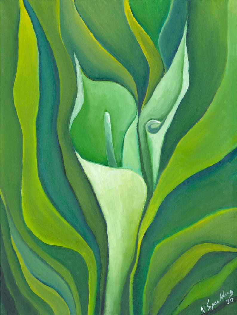 Wall Art, Original Oil Painting on Canvas,Still Life Home Decor Green and white Painting floral, flowers Calla LillY Title: UNFOLDING CALLA image 3