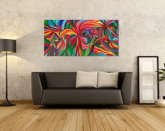 Art, Home Decor, Painting, Wall Art,  Contemporary, Canvas, Abstract, Floral, decor, Tropical, Red, Blue Painting Title: HECTOR’S CHOICE