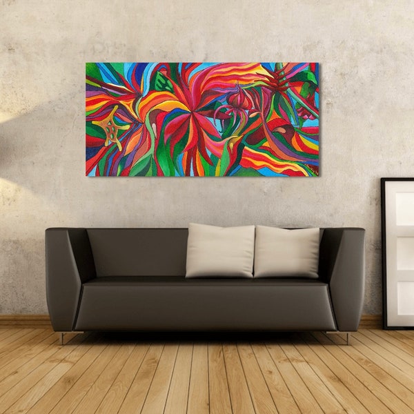 Art, Home Decor, Painting, Wall Art,  Contemporary, Canvas, Abstract, Floral, decor, Tropical, Red, Blue Painting Title: HECTOR’S CHOICE