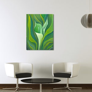 Wall Art, Original Oil Painting on Canvas,Still Life Home Decor Green and white Painting floral, flowers Calla LillY Title: UNFOLDING CALLA image 5