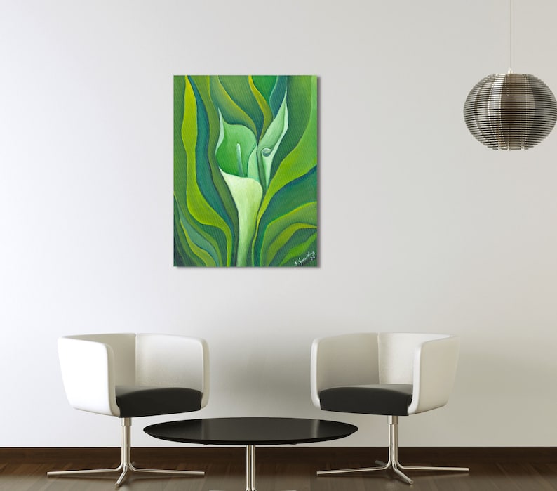 Wall Art, Original Oil Painting on Canvas,Still Life Home Decor Green and white Painting floral, flowers Calla LillY Title: UNFOLDING CALLA image 5