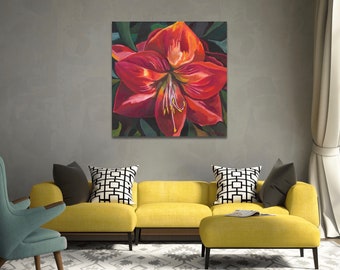 Wall art, Home decor, Canvas,Contemporary, Decor, Tropical Floral, flower, red paintings, Green, Still life, Plant life Title: Amaryllis II