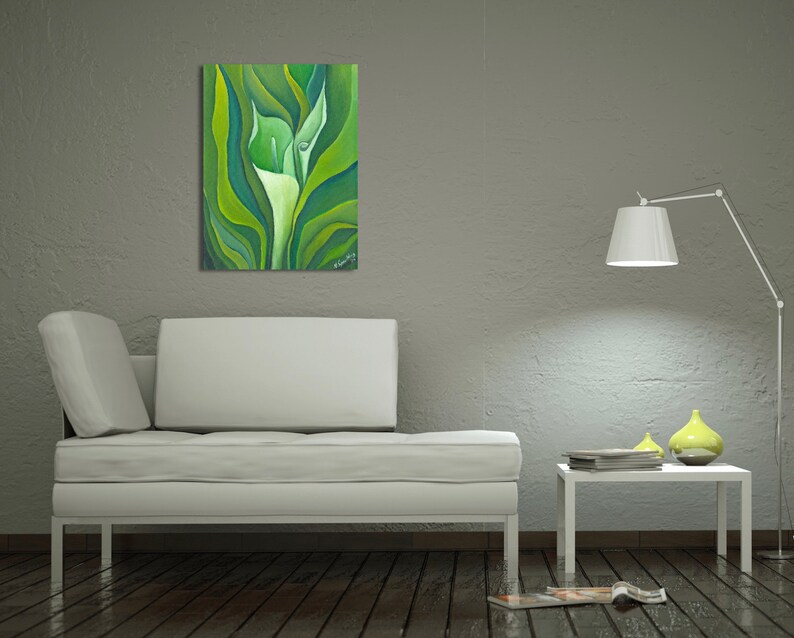 Wall Art, Original Oil Painting on Canvas,Still Life Home Decor Green and white Painting floral, flowers Calla LillY Title: UNFOLDING CALLA image 4