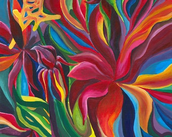 Art, Home Decor, Painting, Wall Art,  Contemporary, Canvas, Abstract, Floral, decor, Tropical, Red, Blue Painting Title: Tropical Explosion