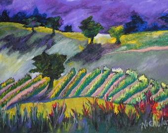 Art, Painting, Vineyard, Print, Giclee on Paper, Green Purple painting, Contemporary, Landscape, Title: The Wine Country by Nicky Spaulding