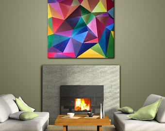 Wall Art Painting Acrylic Geometric Contemporary Home Decor Abstract  Modern Square MultiColored Red Green Title: CRYSTAL COLORS