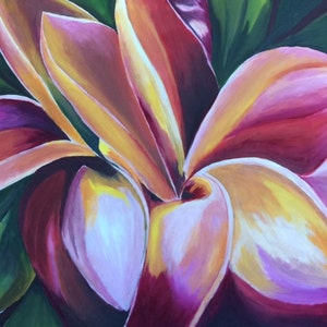 Art, Wall Art, Painting, Home Decor, Acrylic on Canvas, Contemporary, Floral, Plumeria, flower, Red, Petals, Decor Title: FRANGIPANI image 2