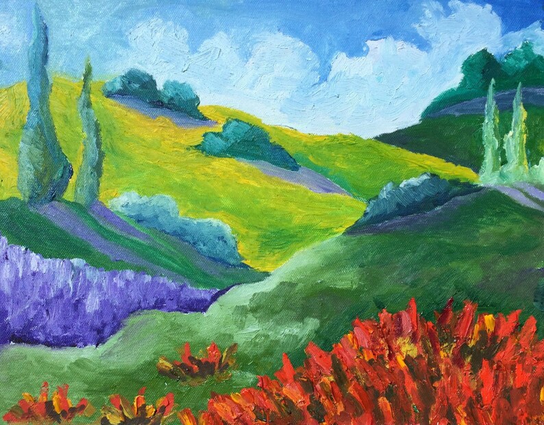 Art, Original Painting, Oil Painting, Landscape painting, Impressionist Painting, Red, Yellow, Blue and Green art, Title: FOUR CYPRESSES imagem 1