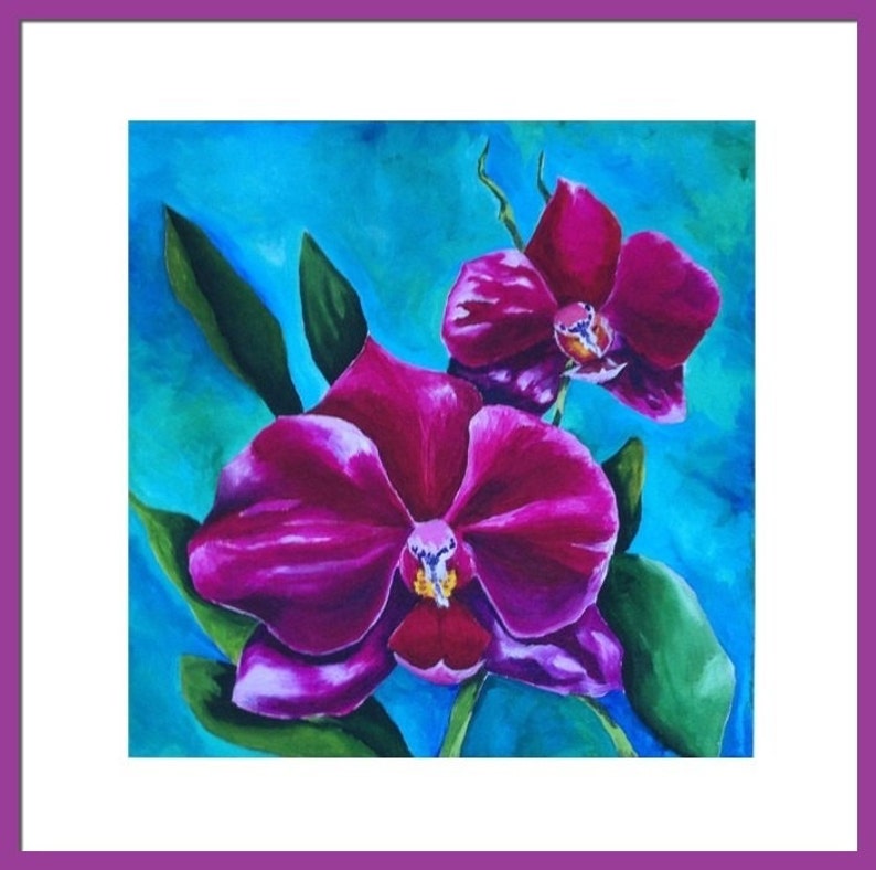 Wall Art, Limited Edition Art Print of original painting, Floral, Orchid Home Decor Red, Teal, Magenta Blue Red, Green, Title: Phalaenopsis image 2