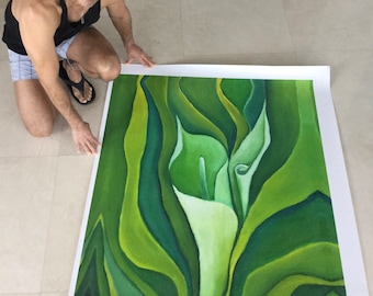 Wall Art, Original Oil Painting on Canvas,Still Life Home Decor Green and white Painting floral, flowers Calla LillY Title: UNFOLDING CALLA