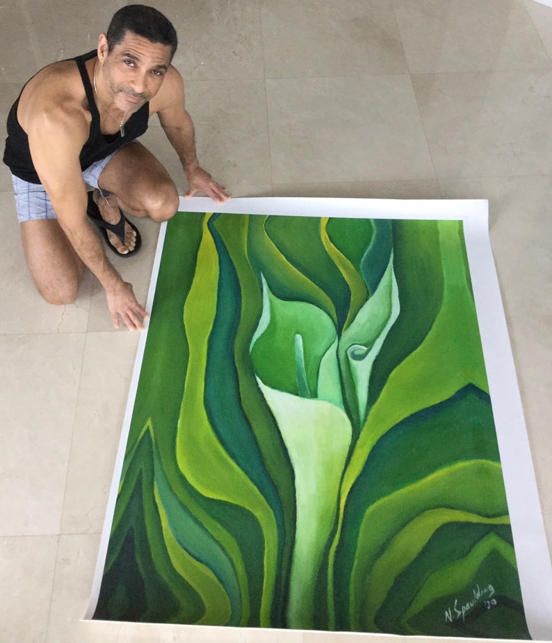 Wall Art, Original Oil Painting on Canvas,Still Life Home Decor Green and white Painting floral, flowers Calla LillY Title: UNFOLDING CALLA image 1