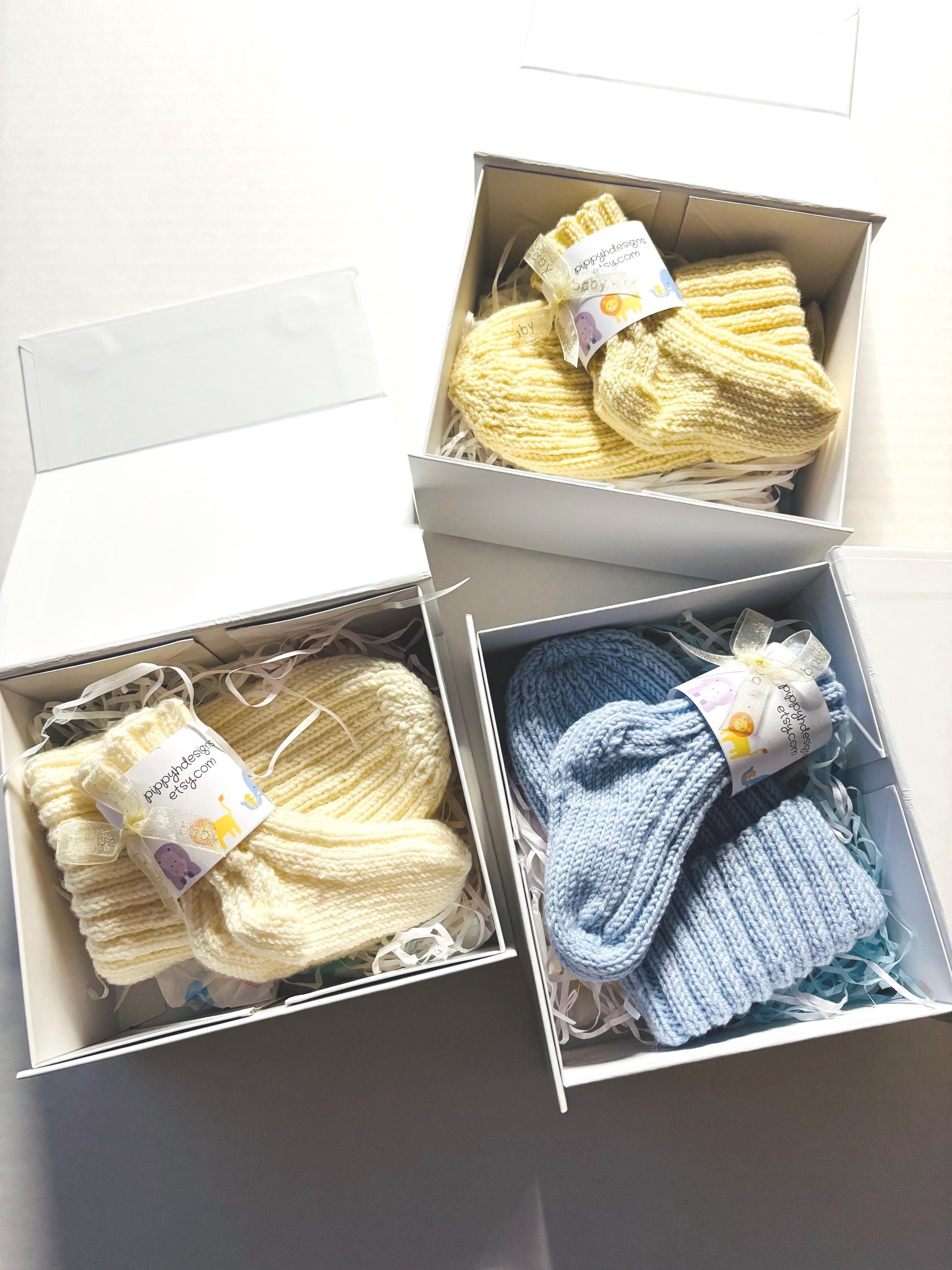 Hand Knit Baby Hat and Socks Set, Merino Wool, Newborn Gift Box