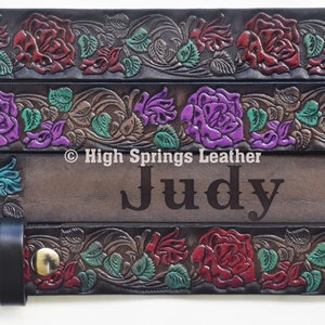 Name Belt - Hand Painted Roses Gray and Black Leather Belt Custom Engraved for Men and Women Colors Available