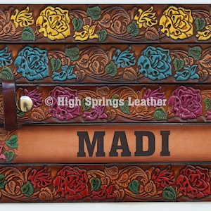 Name Belt - Brown Leather Hand Painted Roses Custom Engraved for Men and Women