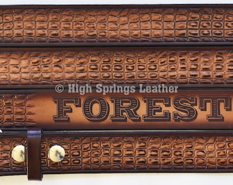 Name Belt - Gator Embossed Brown Leather Belt Custom Engraved for Men and Women