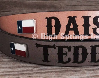 Leather Dog Collar - Texas Flags Includes name engraved