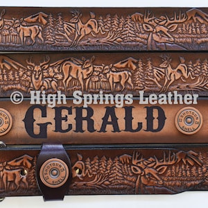 Name Belt - Deer Embossed Brown Leather Belt with Shotgun Shells Custom Engraved for Men and Women Brown