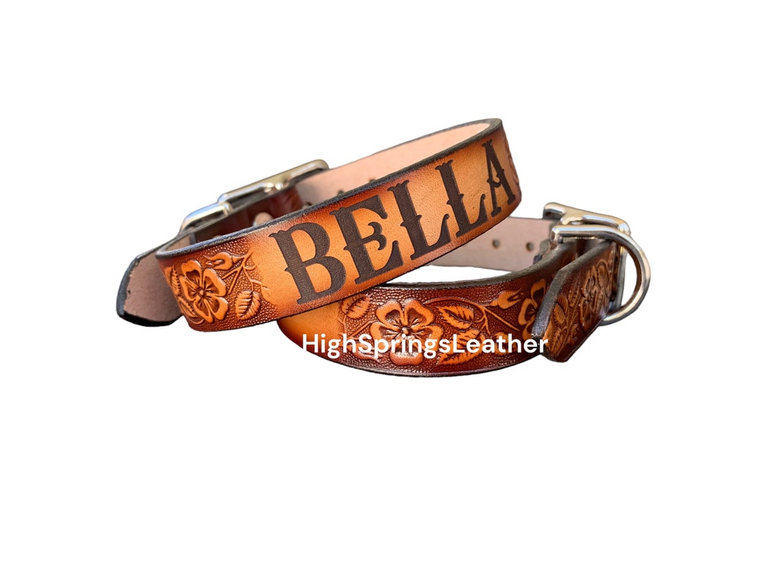 Leather Dog Collar Floral Tooled Design for Small Dogs With Name